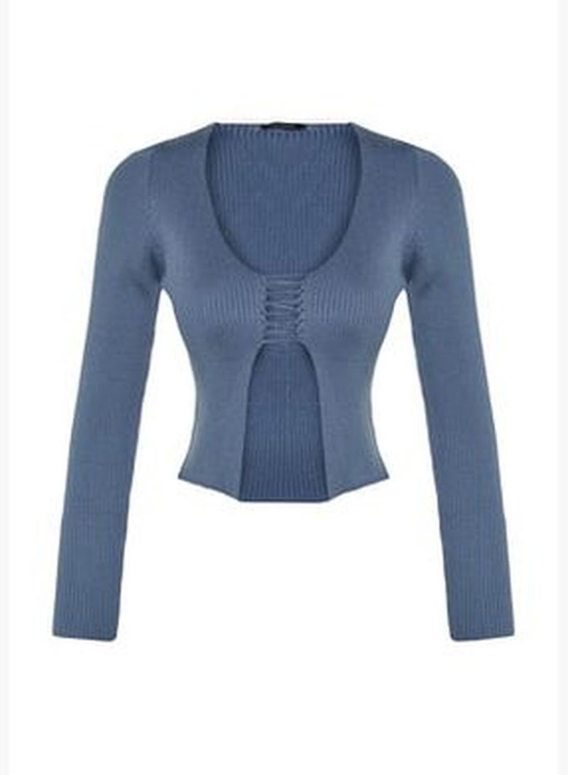 Indigo Crop V-Neck Knitwear Sweater TWOAW24KZ01083