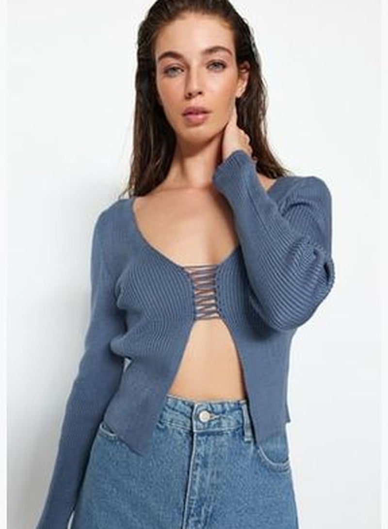 Indigo Crop V-Neck Knitwear Sweater TWOAW24KZ01083