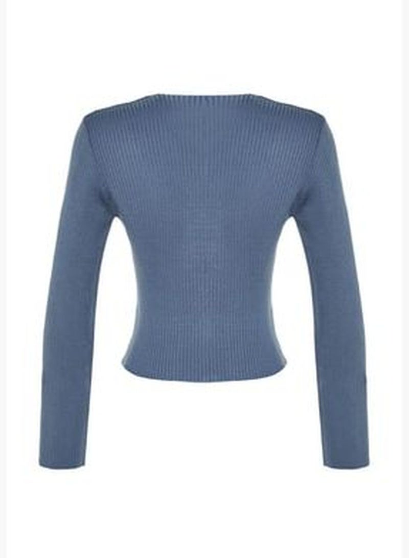 Indigo Crop V-Neck Knitwear Sweater TWOAW24KZ01083