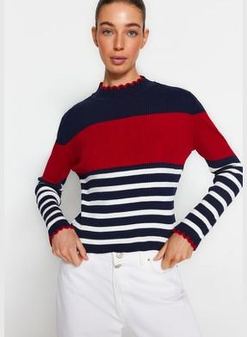 Navy Blue Color Block Knitwear Sweater TWOAW24KZ00240