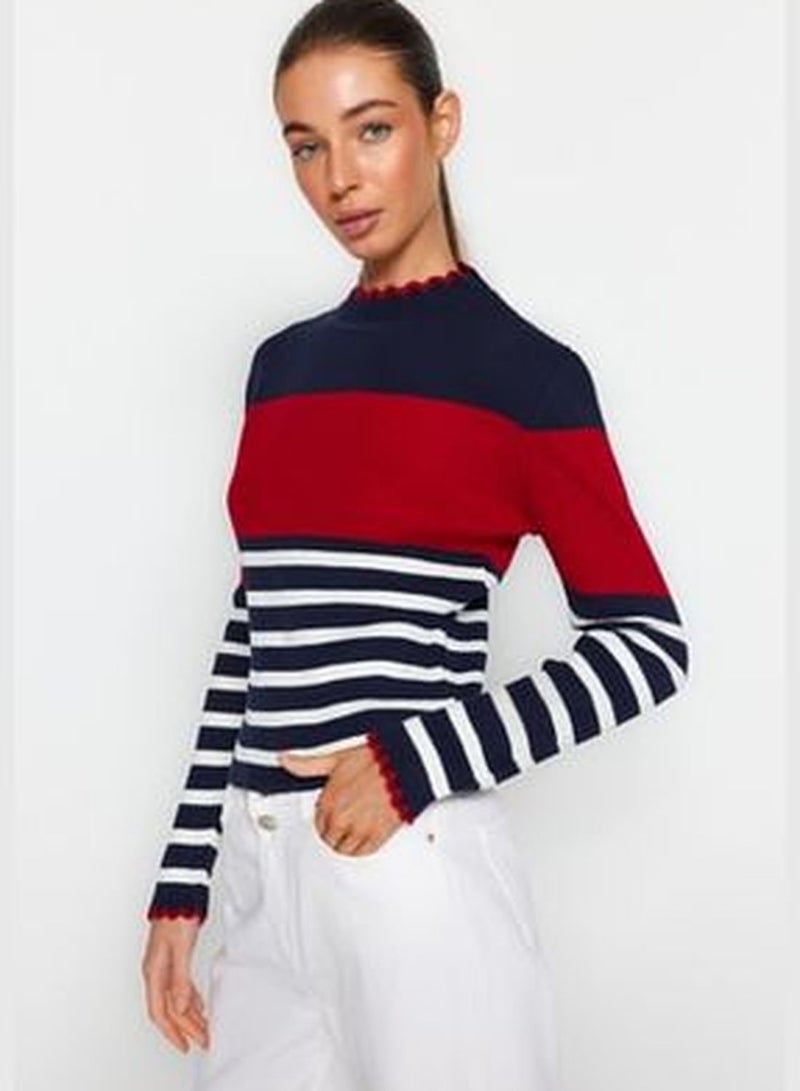 Navy Blue Color Block Knitwear Sweater TWOAW24KZ00240