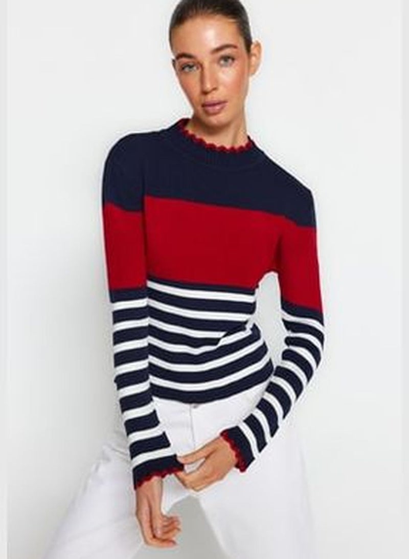 Navy Blue Color Block Knitwear Sweater TWOAW24KZ00240