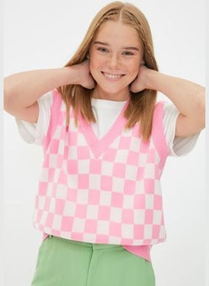 Pink V-Neck Knitwear Sweater TWOAW22BZ0045