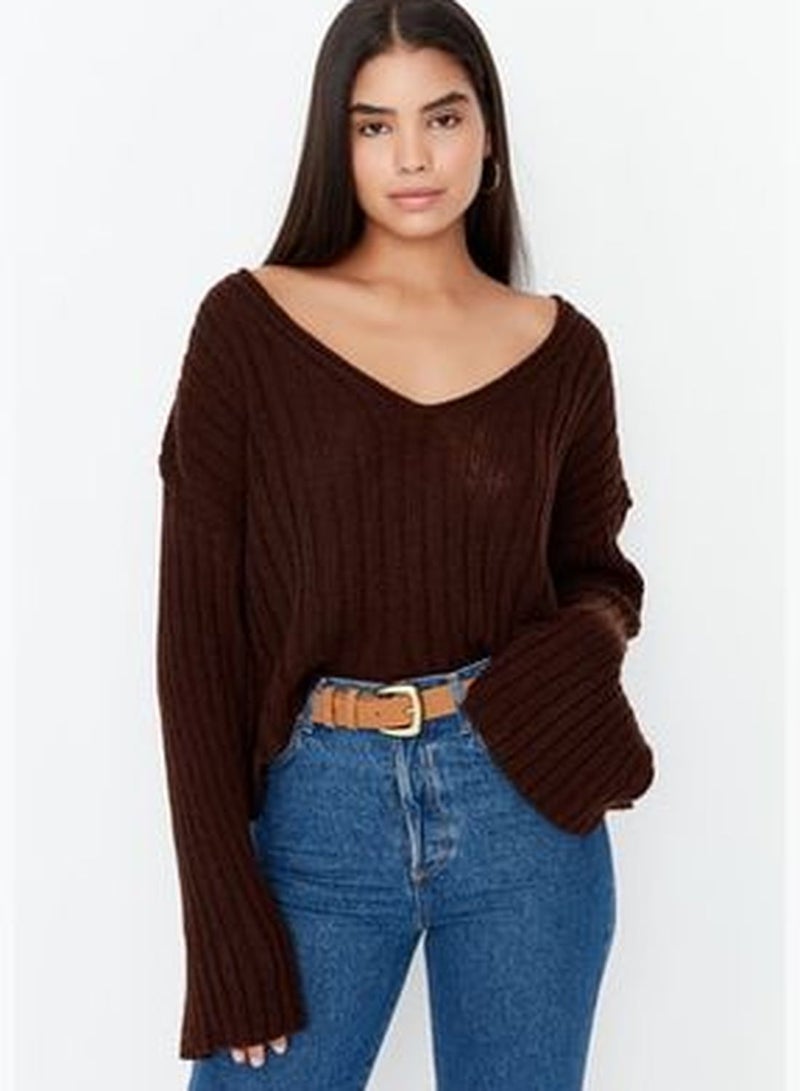 Brown Wide Fit Crop Wool Basic Knitwear Sweater TWOAW23KZ01844