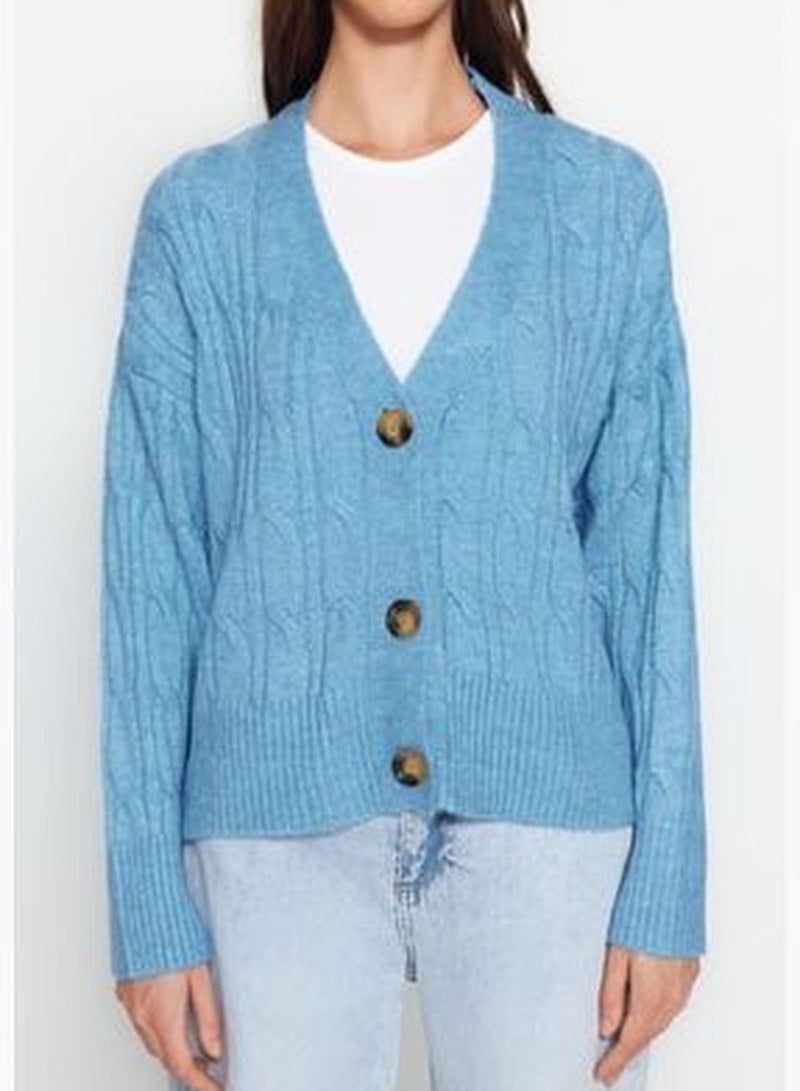 Blue Soft-textured Knitted Sweater Cardigan TWOAW24HI00201