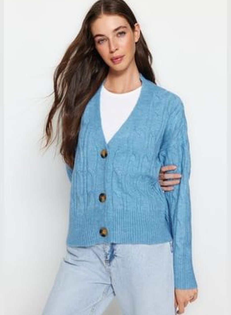 Blue Soft-textured Knitted Sweater Cardigan TWOAW24HI00201