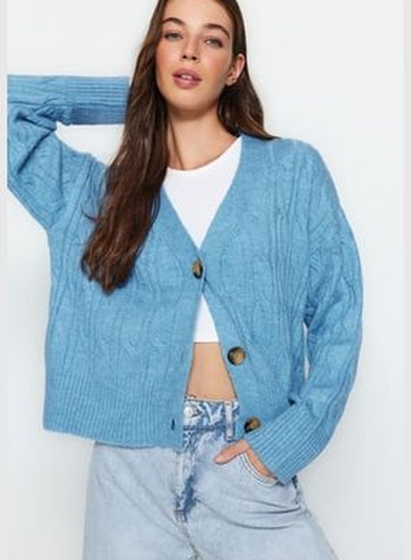 Blue Soft-textured Knitted Sweater Cardigan TWOAW24HI00201