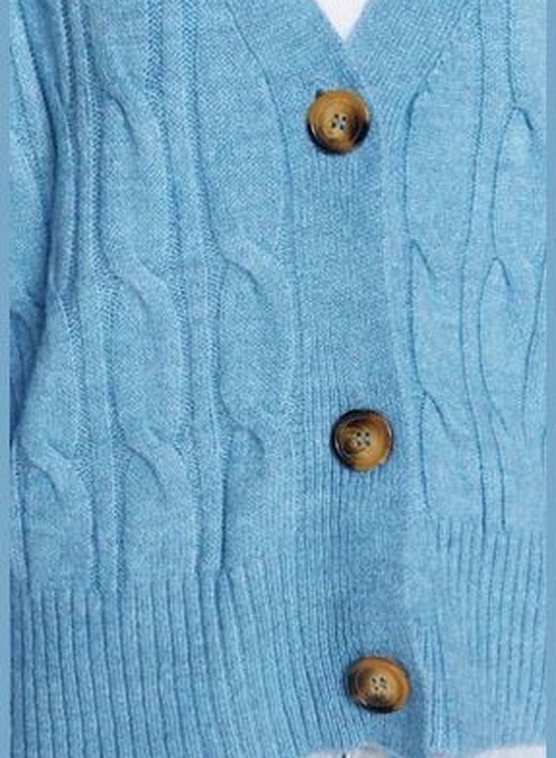 Blue Soft-textured Knitted Sweater Cardigan TWOAW24HI00201