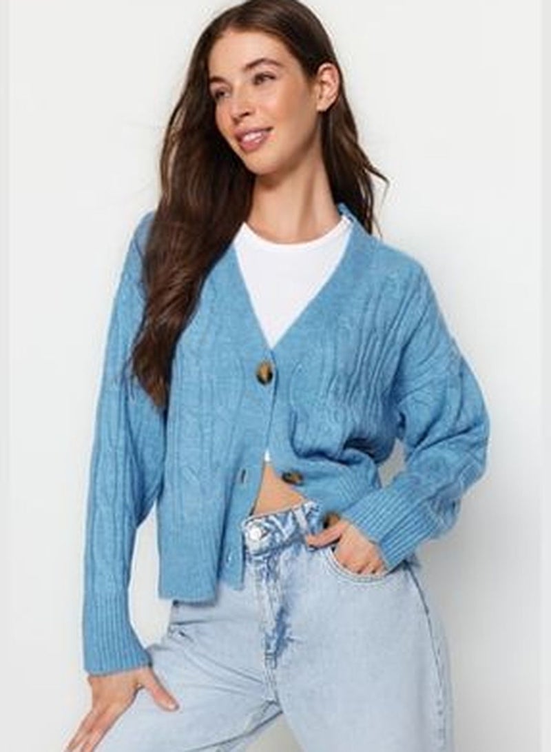 Blue Soft-textured Knitted Sweater Cardigan TWOAW24HI00201