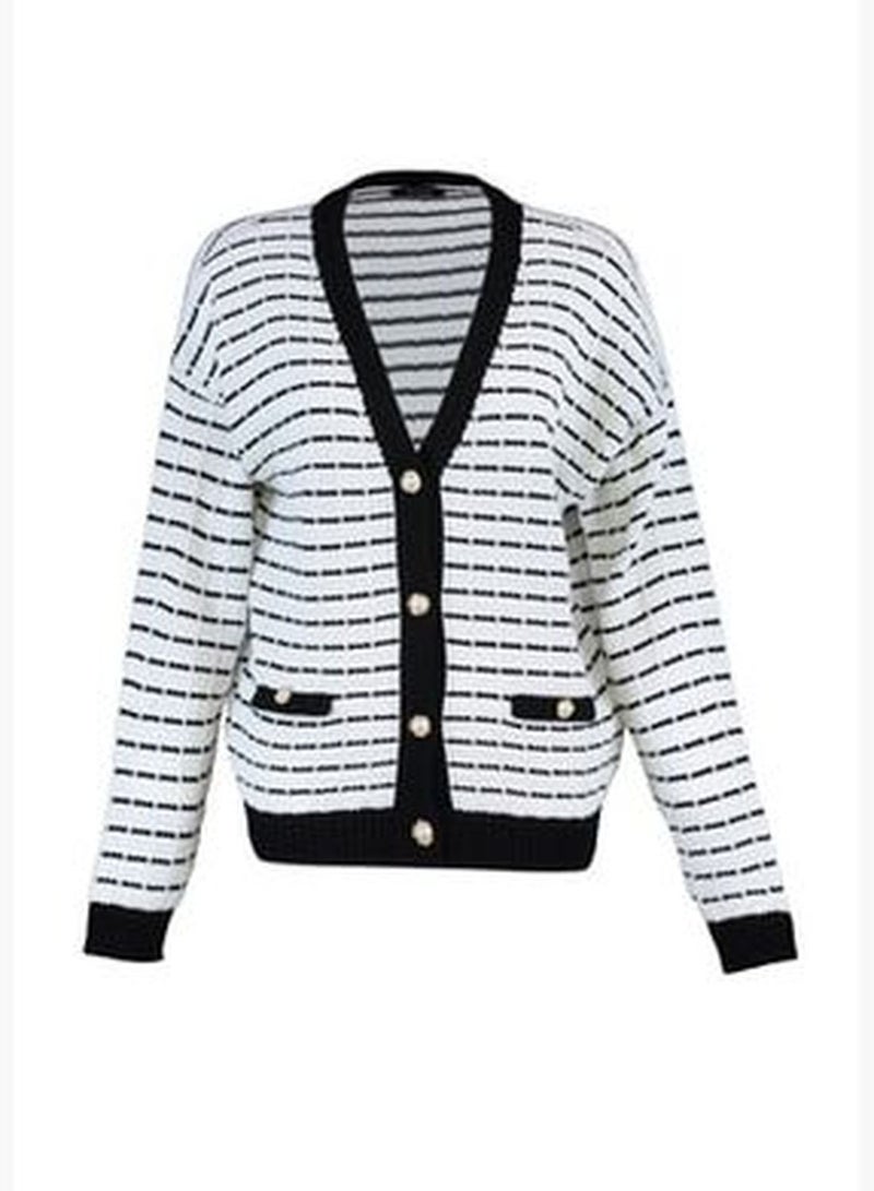 Black Wide Fit Striped Knitwear Cardigan TWOAW23HI00261