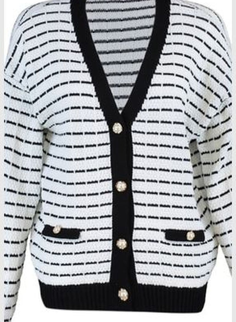 Black Wide Fit Striped Knitwear Cardigan TWOAW23HI00261