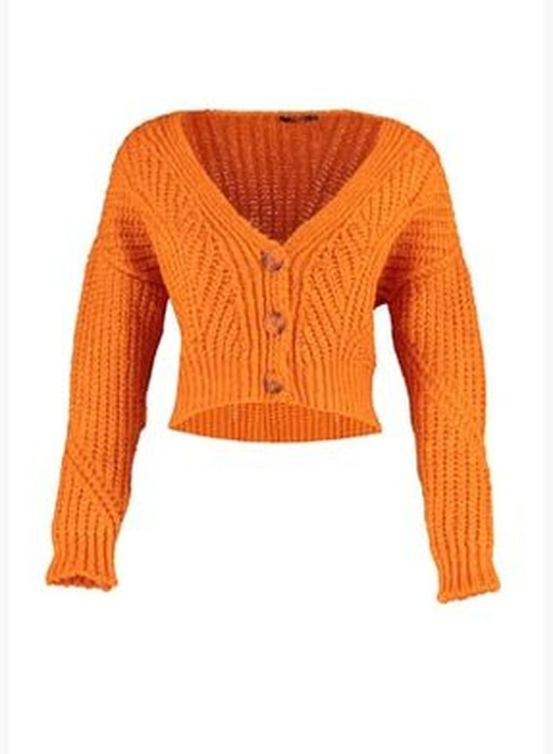 Orange Super Crop Soft Textured Button Detailed Knitwear Cardigan