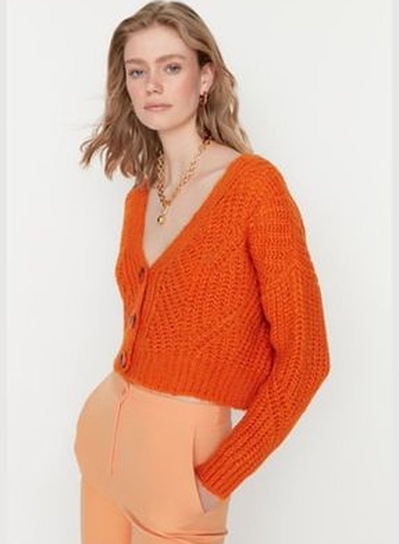 Orange Super Crop Soft Textured Button Detailed Knitwear Cardigan