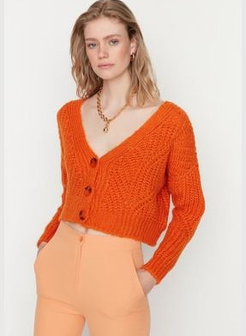 Orange Super Crop Soft Textured Button Detailed Knitwear Cardigan