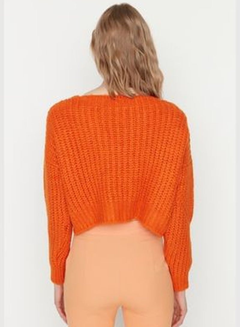 Orange Super Crop Soft Textured Button Detailed Knitwear Cardigan