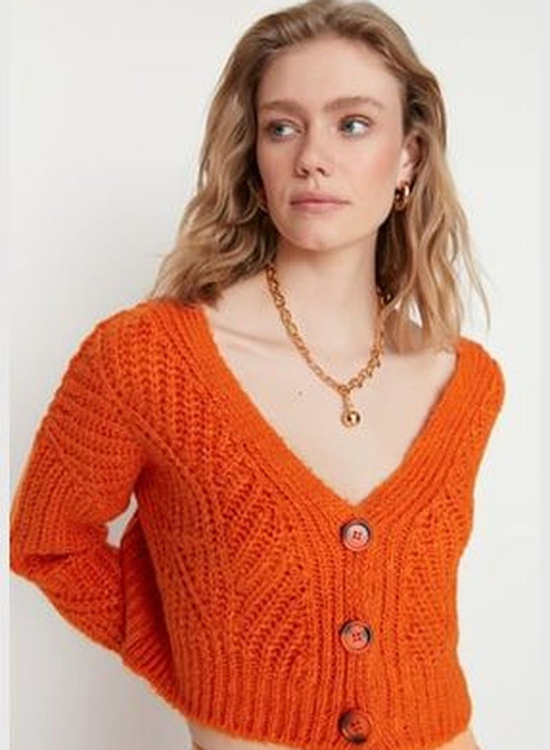 Orange Super Crop Soft Textured Button Detailed Knitwear Cardigan