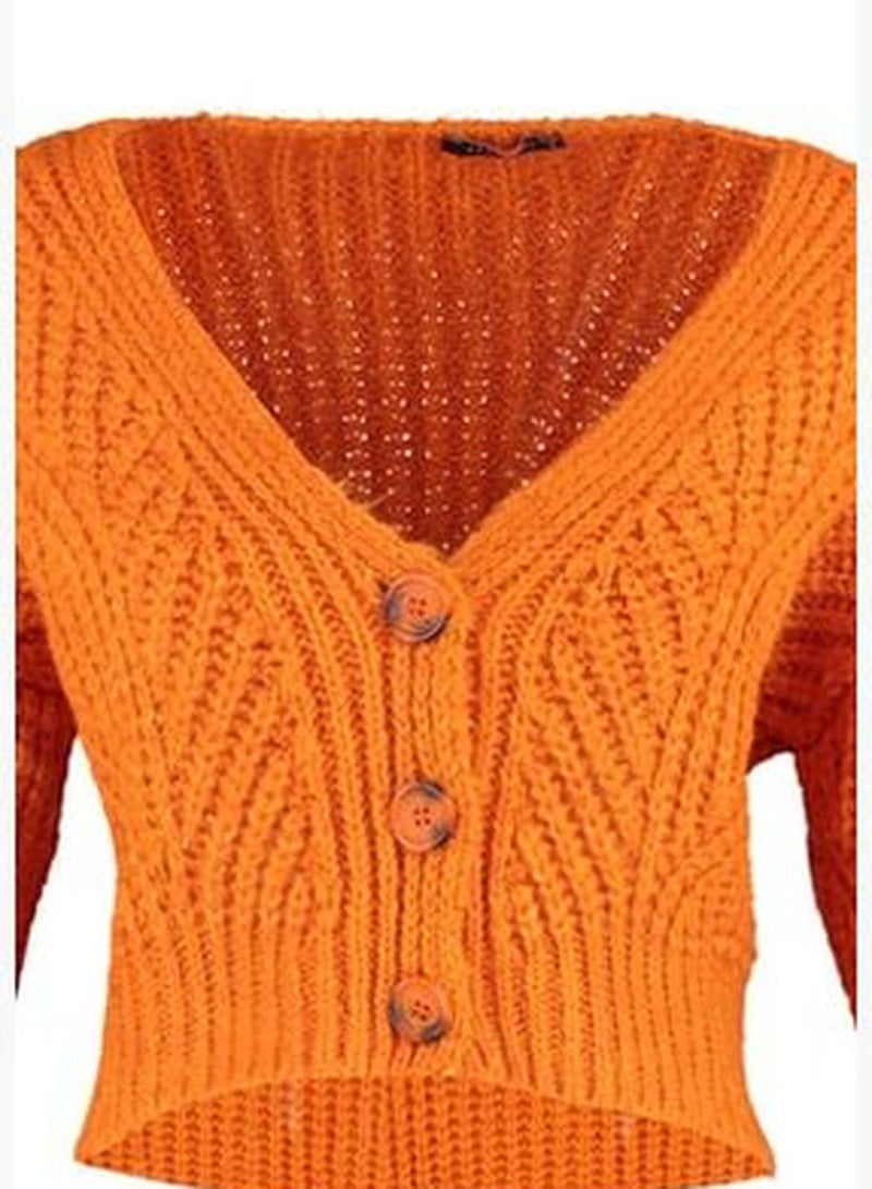 Orange Super Crop Soft Textured Button Detailed Knitwear Cardigan