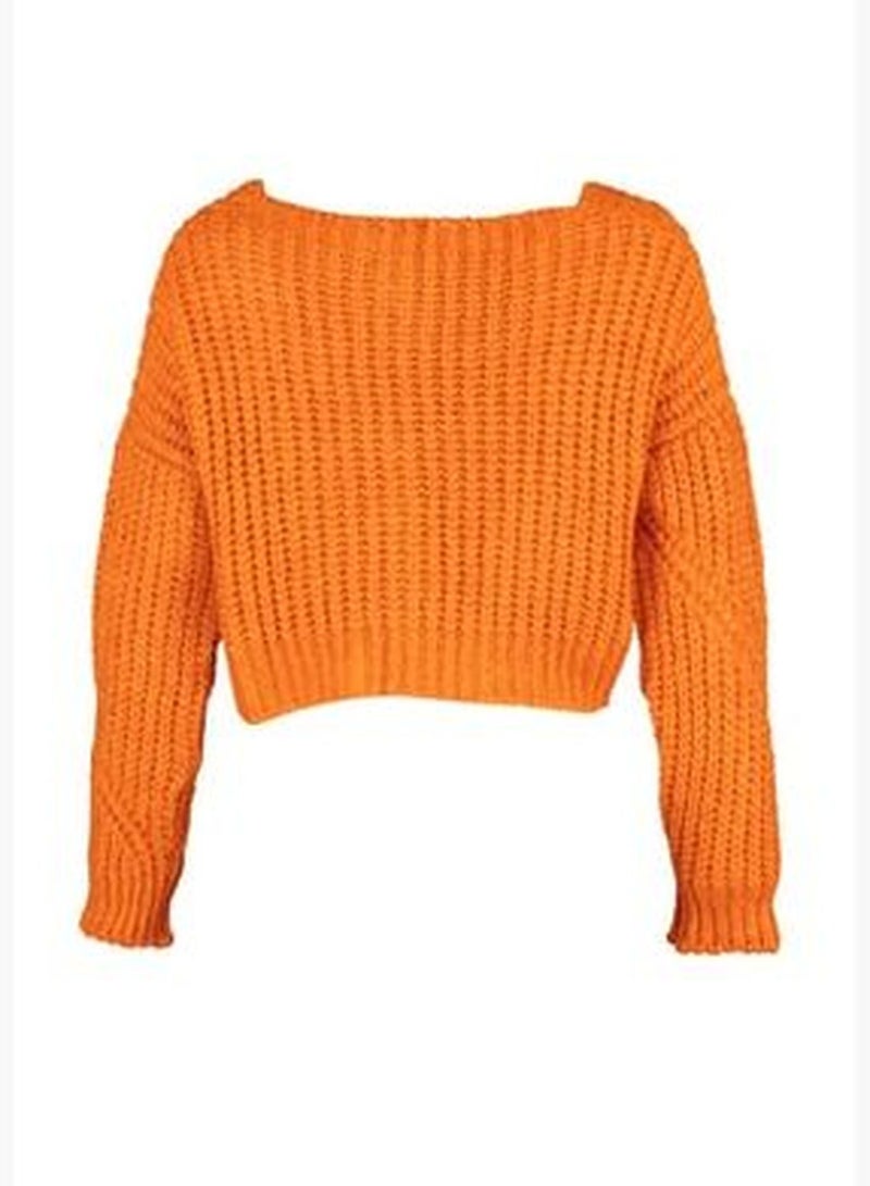 Orange Super Crop Soft Textured Button Detailed Knitwear Cardigan