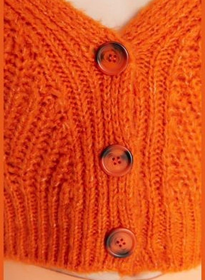 Orange Super Crop Soft Textured Button Detailed Knitwear Cardigan