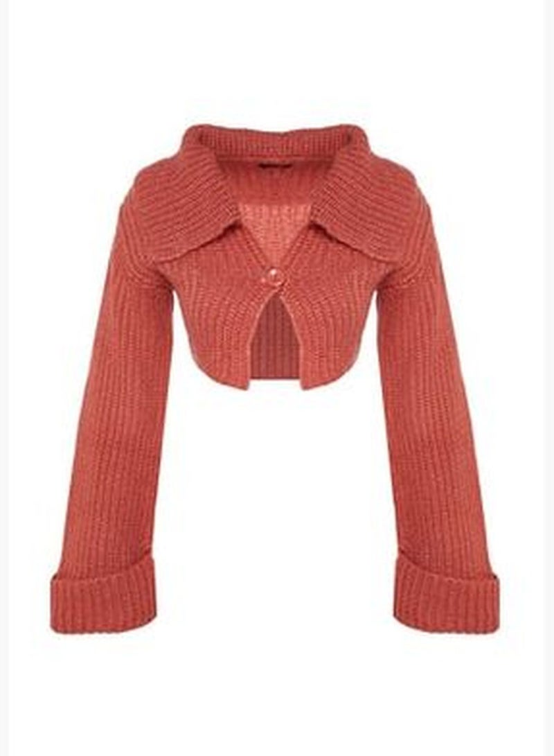 Dried Rose Crop Polo Neck Knitwear Cardigan TWOAW24HI00116