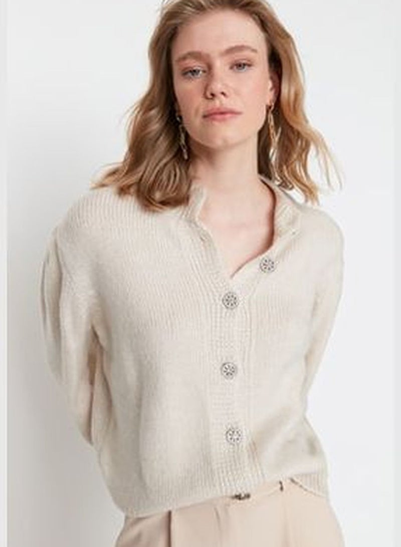 Stone Soft Textured Knitwear Cardigan with Jewel Buttons TWOAW21HI0034