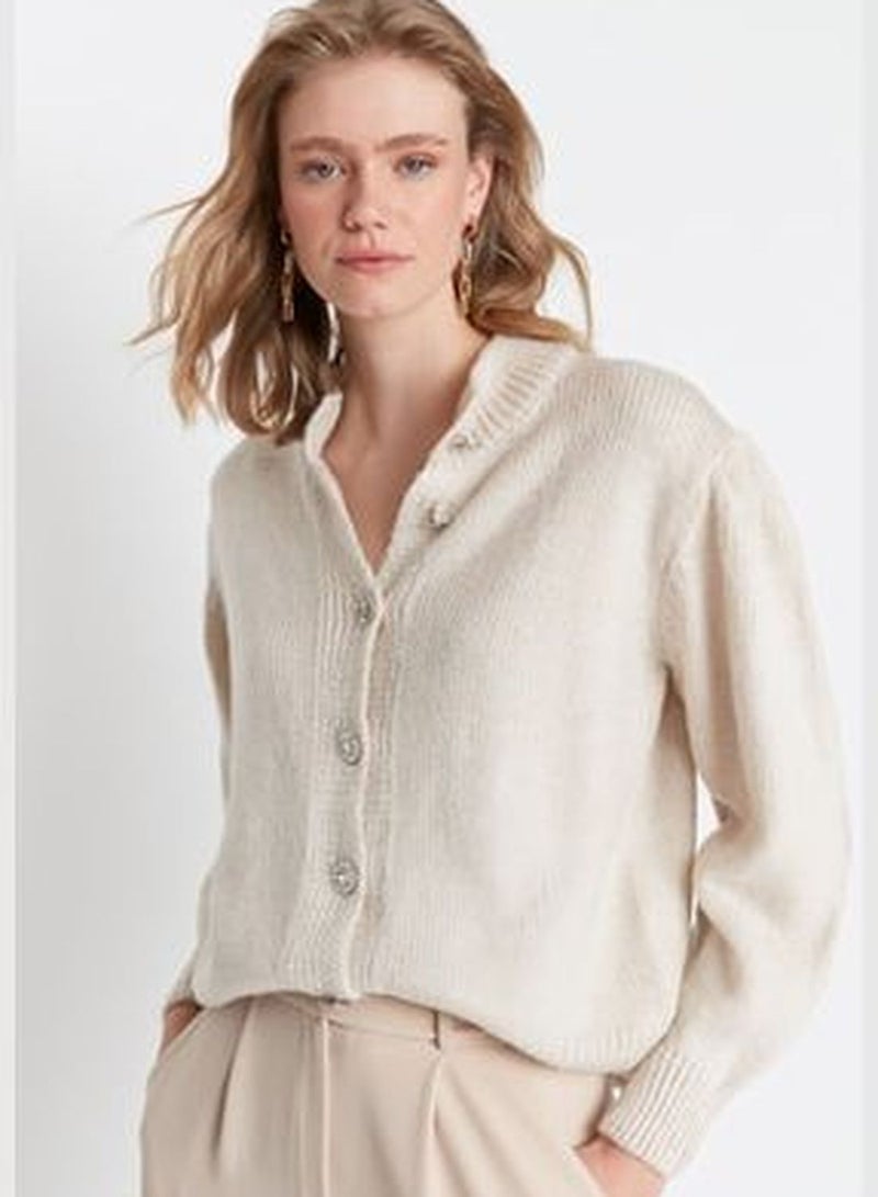 Stone Soft Textured Knitwear Cardigan with Jewel Buttons TWOAW21HI0034