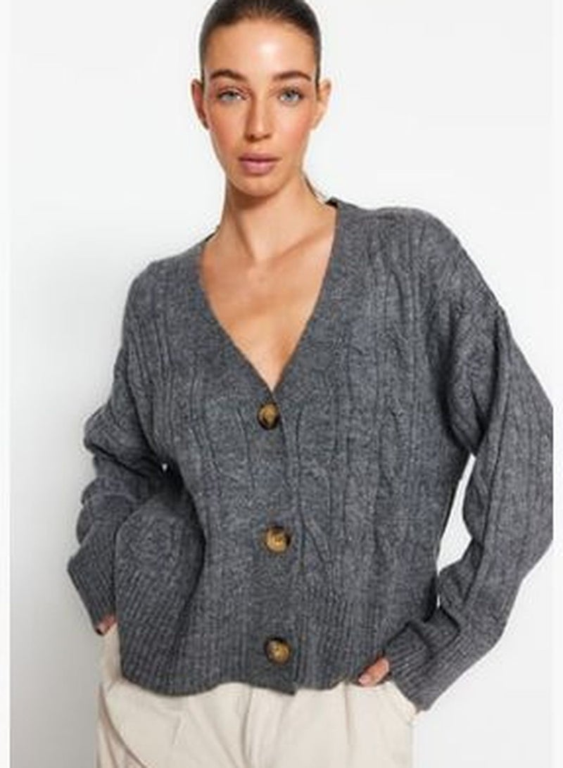 Gray Soft-Textured Knitwear Sweater Cardigan TWOAW24HI00201.
