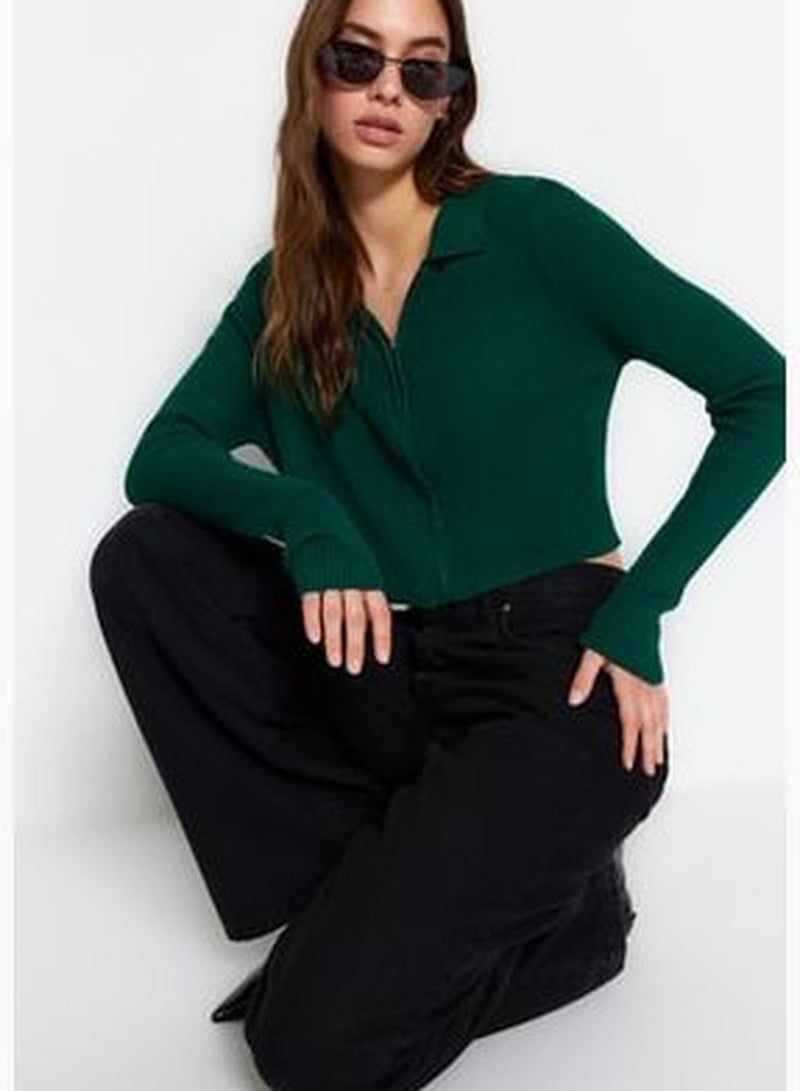 Emerald Green Crop Zippered Knitwear Cardigan TWOAW21HI0154