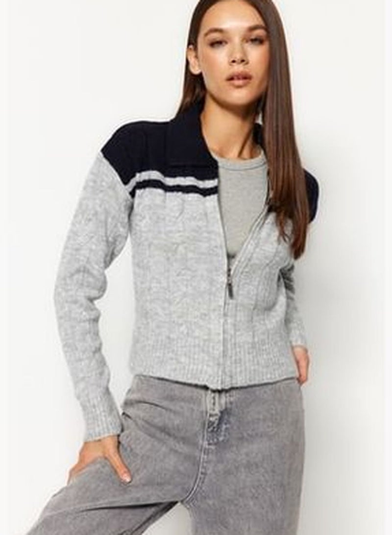 Navy Blue Crop Soft Textured Zippered Color Block Knitwear Cardigan TWOAW24HI00318