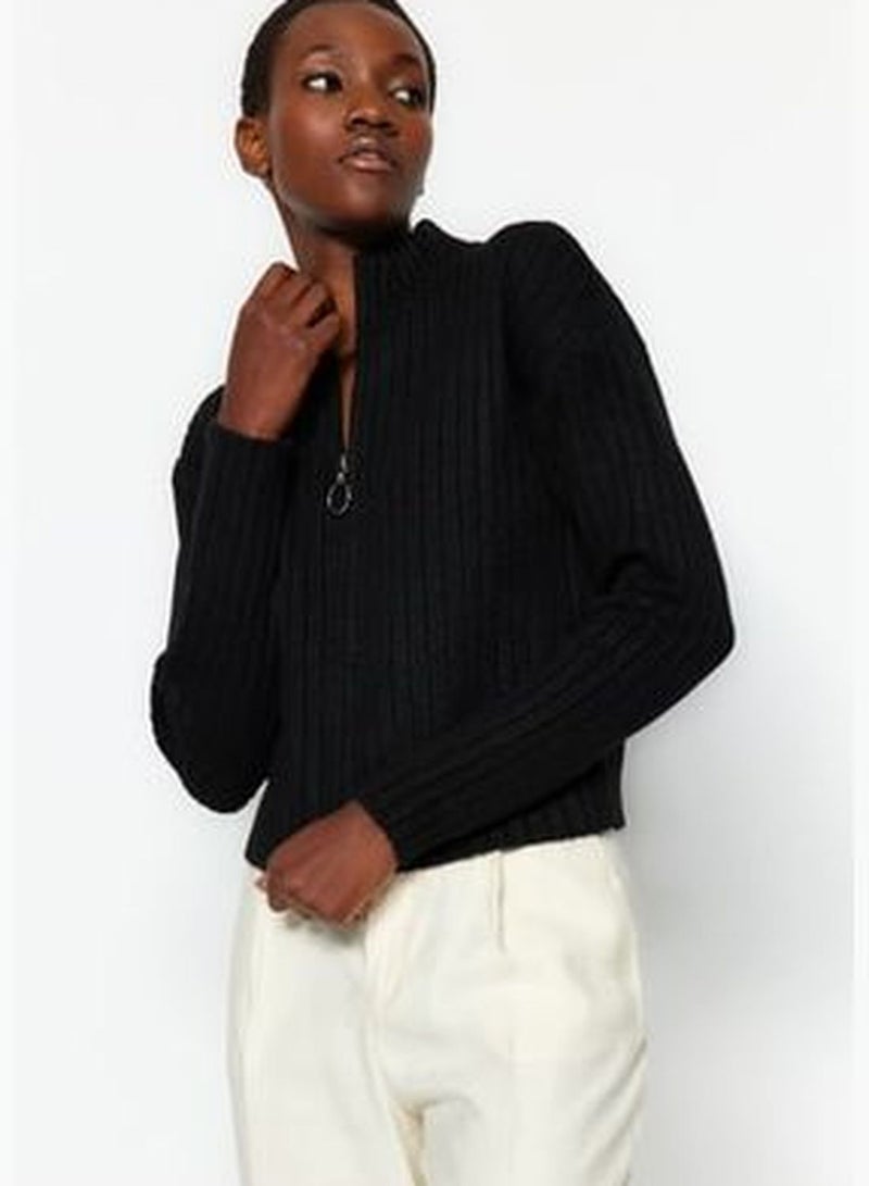 Black Soft Textured Zippered Knitwear Cardigan TWOAW24HI00215