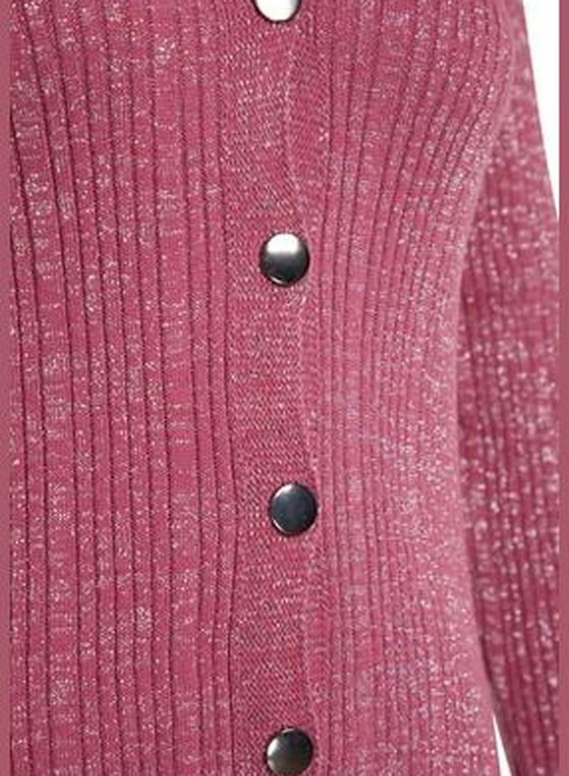 Dried Rose Silvery V-Neck Knitwear Cardigan TWOAW24HI00227