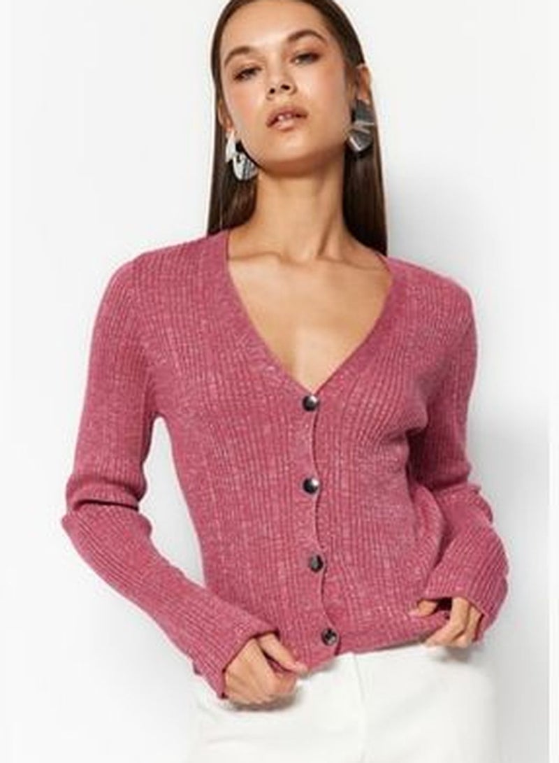 Dried Rose Silvery V-Neck Knitwear Cardigan TWOAW24HI00227