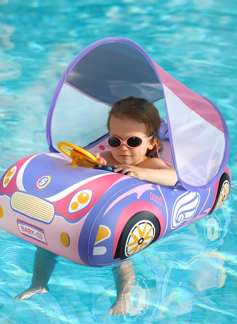 Baby Pool Float with Canopy UPF50+ Car-Shaped Inflatable Toddler Swim Float