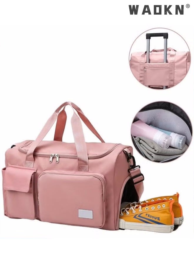 Large Capacity Gym Sacks Waterproof Duffel Bag Gym Duffle Bag, Sports Gym Bag Sports Gym Bag for Men and Women Travel Duffel Bag with Wet Pocket and Shoes Compartment Sports Duffel Bag Pink