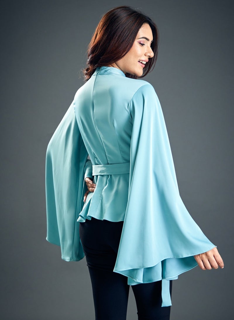 Trumpet Sleeve Light Blue Satin Blouse