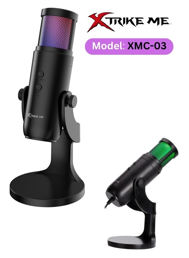 Gaming Microphone XMC-03 USB RGB Backlight Wired Live Streaming Microphone Desktop Omnidirectional Mic 12 RGB Lighting Modes 360 Degree Rotatable Body Shielded Cable For PC Gamers and Content Creators