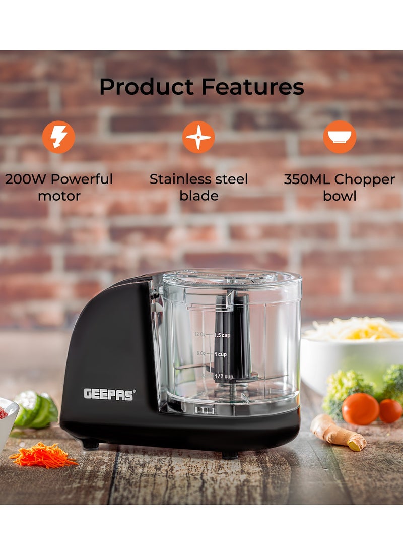 Geepas Multi Chopper With Stainless Steel Blade, 100W Powerful Copper Motor, 350ML Chopper Bowl, One Speed Control, High Power DC Motor, Mincing Function, Coarse, Easy To Clean, Chop To Fine Mince 350 ml 100 W GMC42028 Black