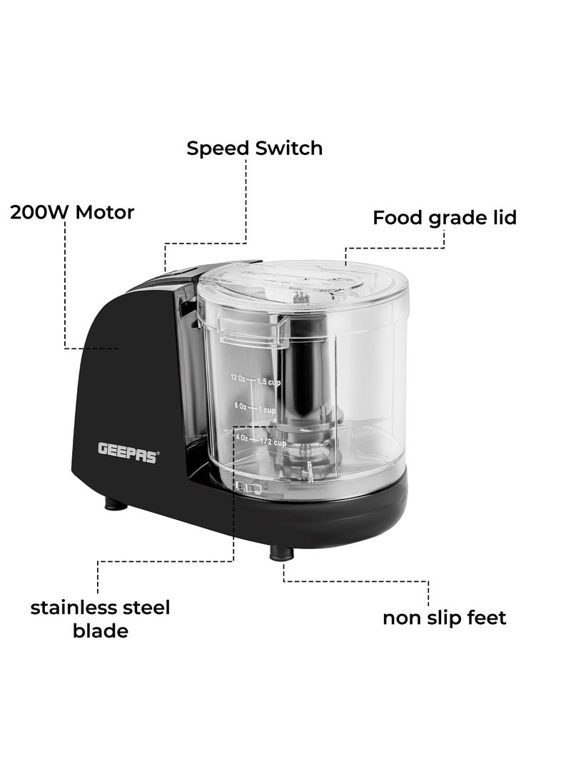 Geepas Multi Chopper With Stainless Steel Blade, 100W Powerful Copper Motor, 350ML Chopper Bowl, One Speed Control, High Power DC Motor, Mincing Function, Coarse, Easy To Clean, Chop To Fine Mince 350 ml 100 W GMC42028 Black