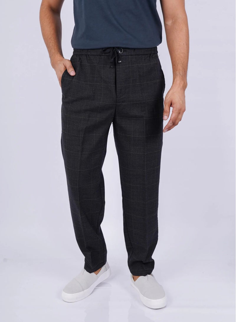 Men’s Button Secured Checked Formal Pants in Dark Grey