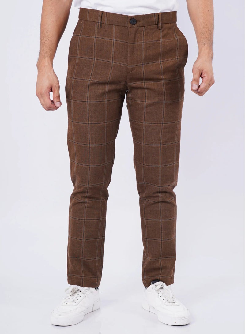 Men’s Button Secured Checked Formal Pants in Java Brown