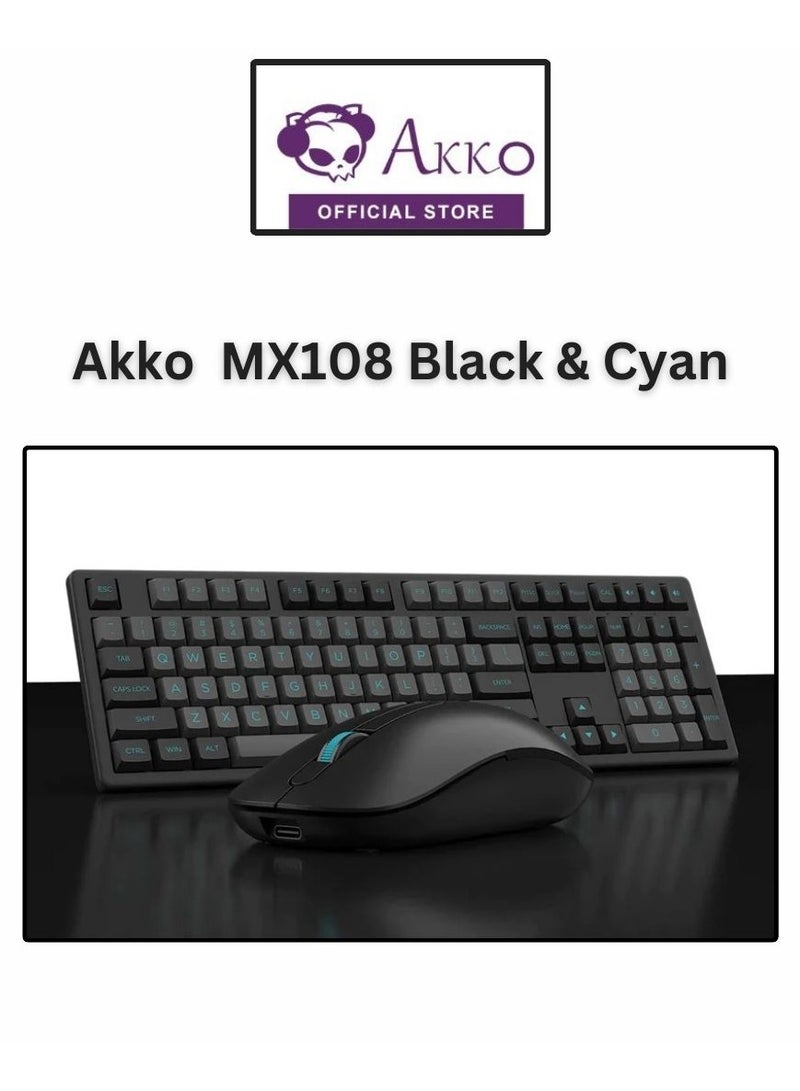 AKKO MX108 Multi-Device Wireless Keyboard & Mouse Combo, MX108 Bluetooth + 2.4G Cordless Wireless for Mac OS and Windows Laptop, Desktop, 108 Keys Full-Size Slim (Black & Cyan)