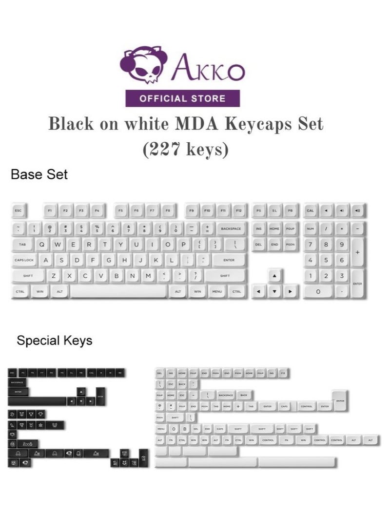 Akko Keycaps Set with MDA Profile Double-Shot Black on White Theme Keycap, Comes with 227 Keys with Standard MX Structure, Compatible with Major-Sizes Mechanical Keyboards