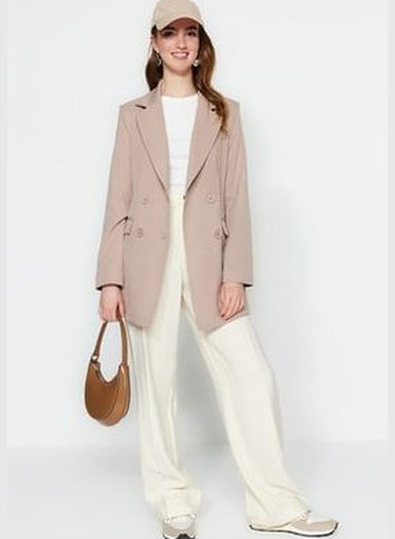 Mink Double Button Detailed Blazer with Pockets, Lined Woven Jacket TCTSS22CE025