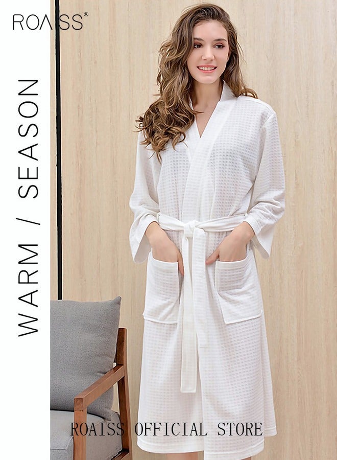 Women and Men Waffle Kimono Bathrobe Cotton Sleepwear Spa Robe Nightwear Nightgown Women Water Bathrobe Bridesmaid Robes Unisex Dressing Gown Autumn Robe