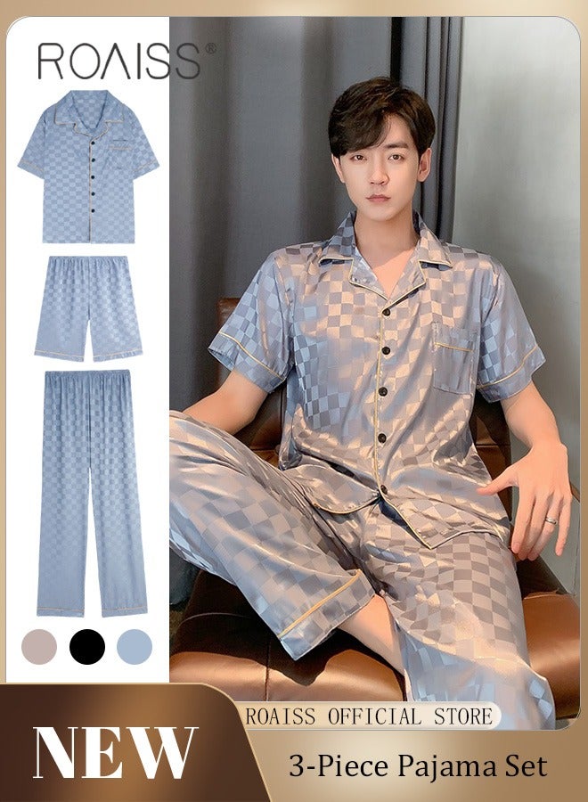 3-Piece Set Men's Short Sleeves Pajamas Pants Trousers Sleepwear Sets Satin Grid Printing Silk Nightgown Male Loose Shirts Spring Summer Loungewear Home Clothes