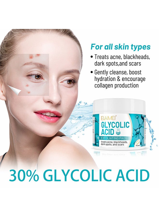 30% Glycolic Acid Pads Wipes For Skin Care Exfoliating Cleansing, Face Pore Cleaner Minimizer Acne Treatment, Chemical Peel Solution For Dark Spots, Breakouts, Scars, Reduce Wrinkle Lines, 50 Pads