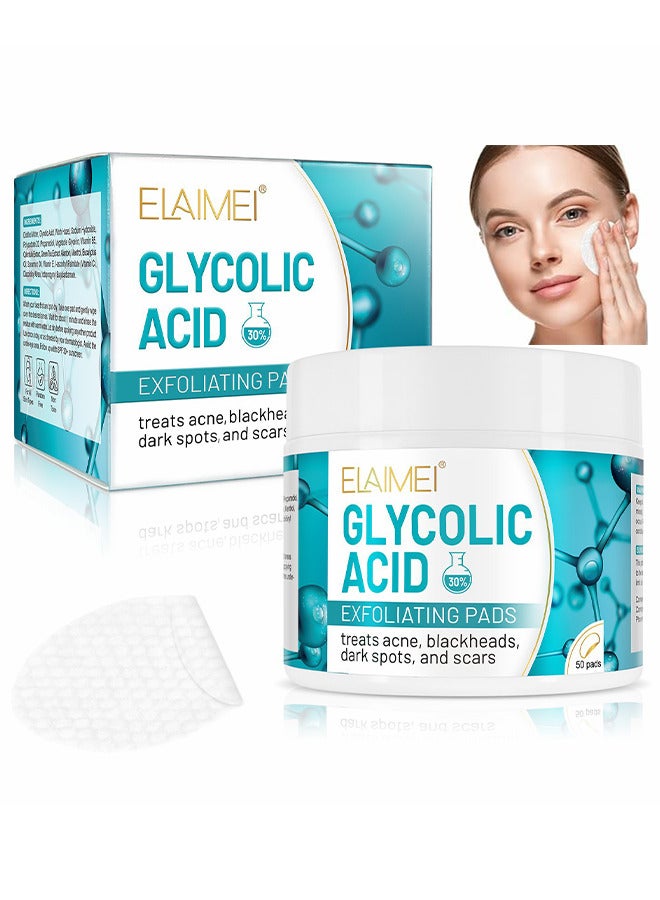 30% Glycolic Acid Pads Wipes For Skin Care Exfoliating Cleansing, Face Pore Cleaner Minimizer Acne Treatment, Chemical Peel Solution For Dark Spots, Breakouts, Scars, Reduce Wrinkle Lines, 50 Pads