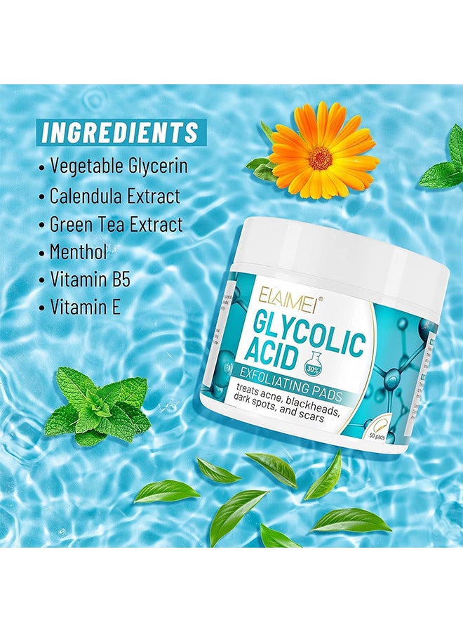 30% Glycolic Acid Pads Wipes For Skin Care Exfoliating Cleansing, Face Pore Cleaner Minimizer Acne Treatment, Chemical Peel Solution For Dark Spots, Breakouts, Scars, Reduce Wrinkle Lines, 50 Pads