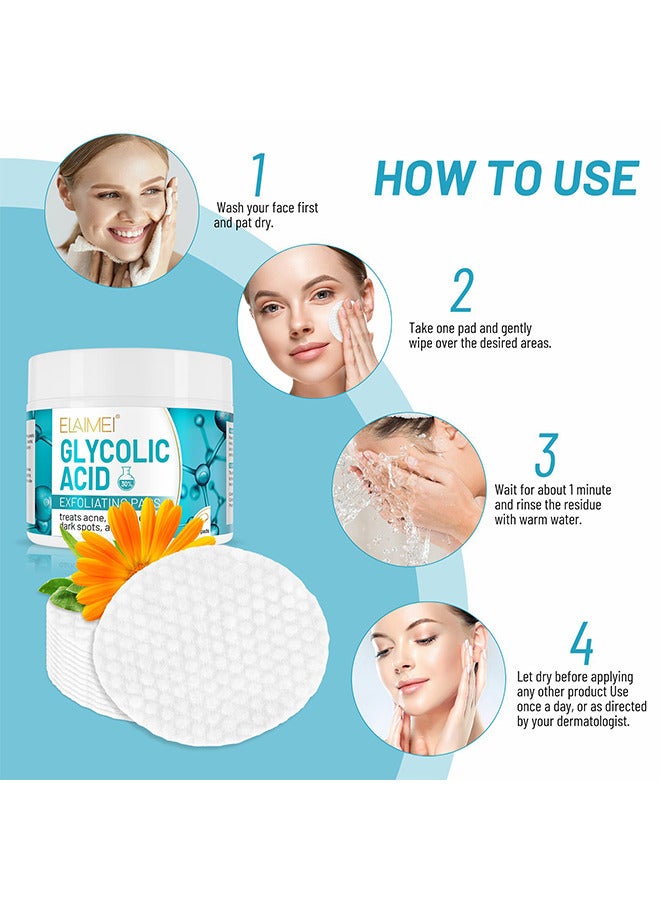 30% Glycolic Acid Pads Wipes For Skin Care Exfoliating Cleansing, Face Pore Cleaner Minimizer Acne Treatment, Chemical Peel Solution For Dark Spots, Breakouts, Scars, Reduce Wrinkle Lines, 50 Pads