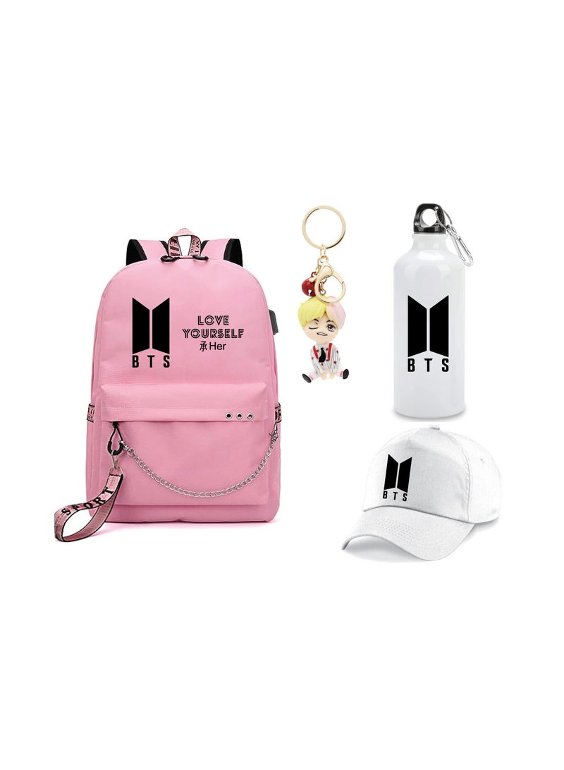 BTS 4in1 Combo - Backpack - Cap - Keychain and Water Flask for True BTS Fans and Merchandise Gifts - Casual Shoulder Bag Travel with USB Charging Port For Girls